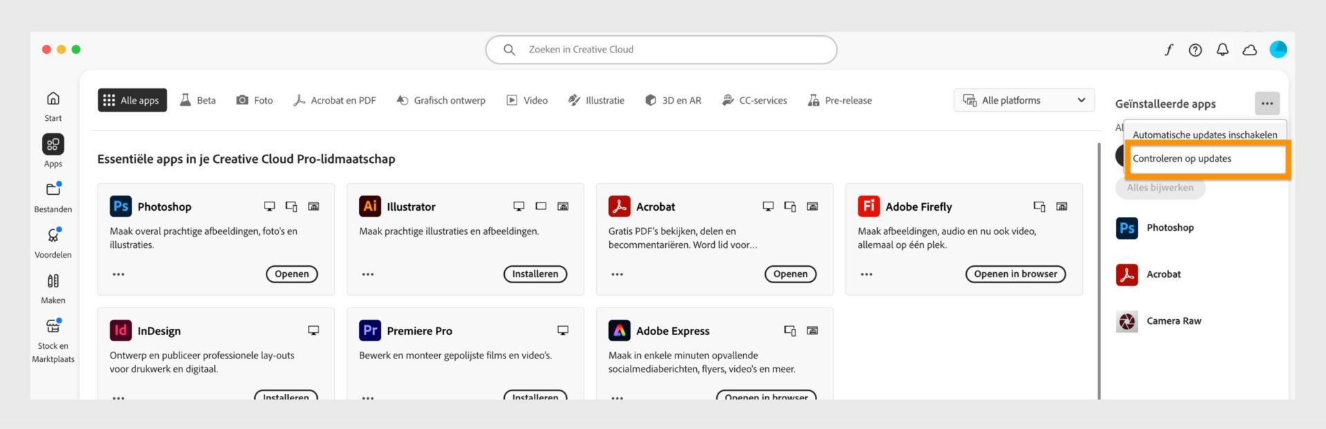 Het uitgeklapte menu met opties voor Beheren van automatische updates, Controleren op updates en Alle apps bijwerken.