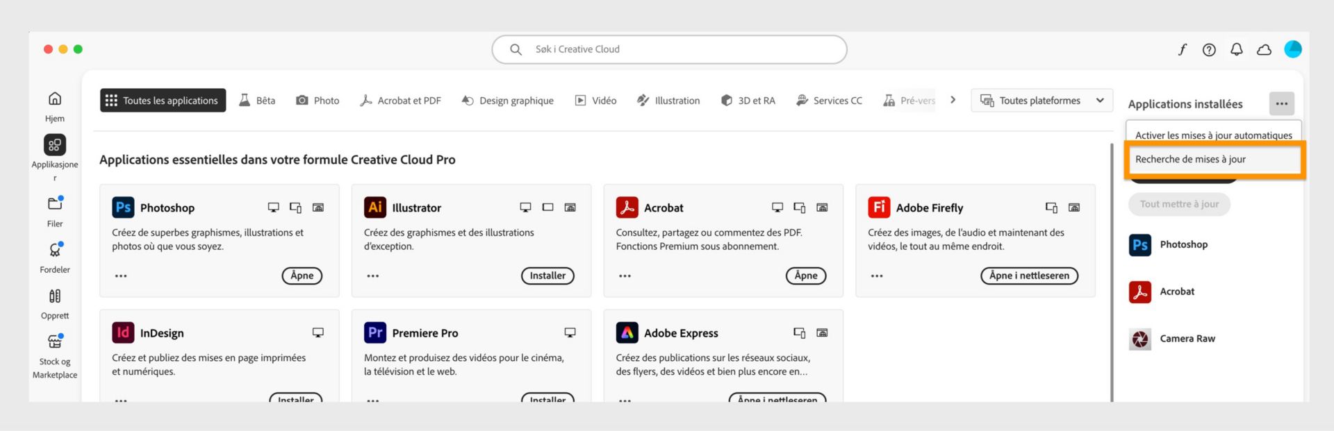 Den utvidede menyen viser alternativer for å administrere automatiske oppdateringer, se etter oppdateringer og oppdatere alle apper. 