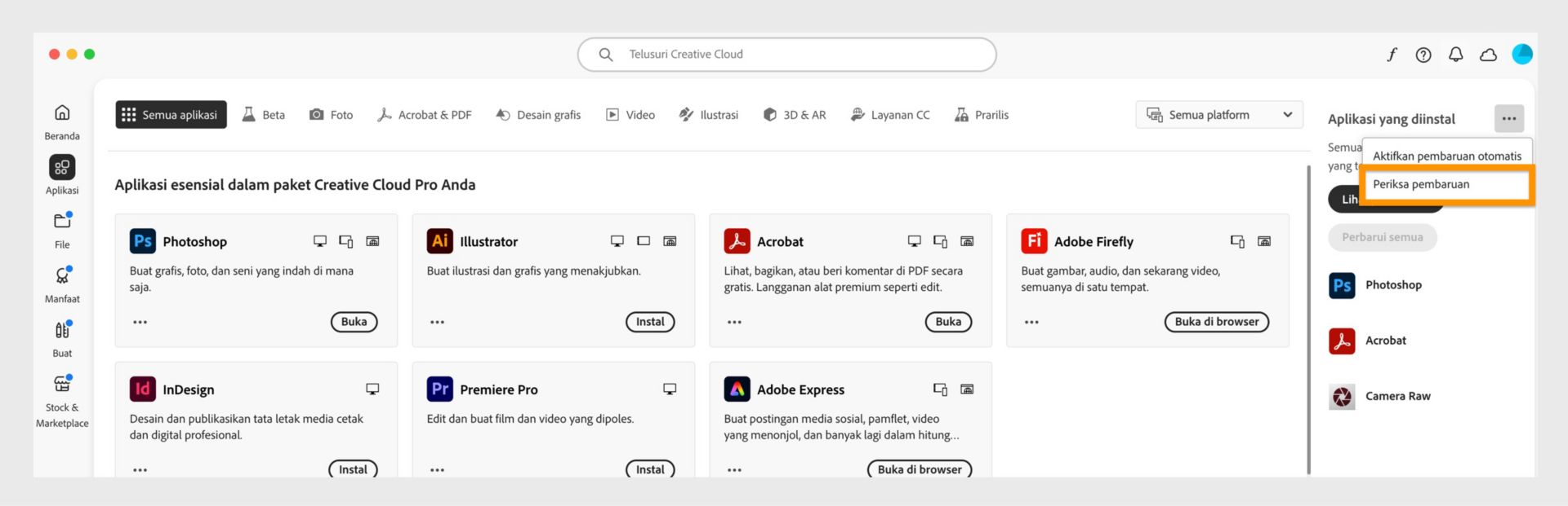 Menu yang diperluas menampilkan opsi untuk Mengelola pembaruan otomatis, Memeriksa pembaruan, dan Memperbarui semua aplikasi. 