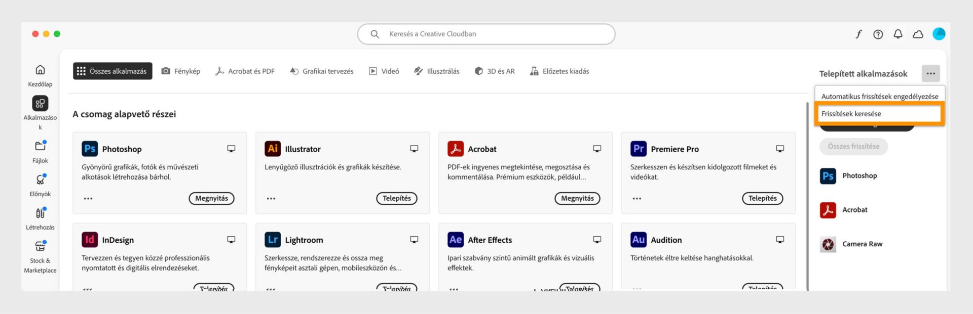 A kibővített menüben az Automatikus frissítések kezelése, a Frissítések keresése és az Összes alkalmazás frissítése lehetőségek láthatók. 