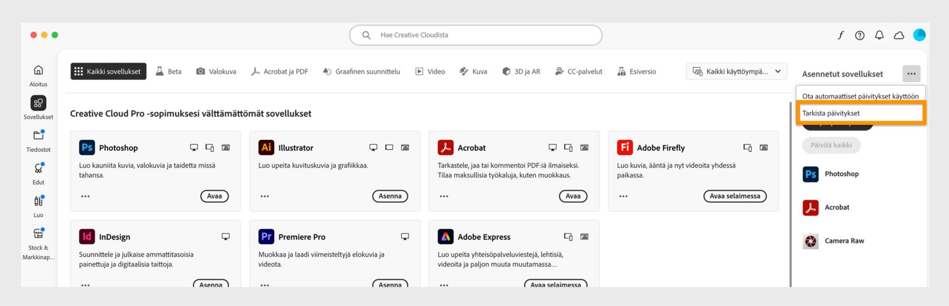 Laajennettu valikko, joka sisältää vaihtoehdot Automaattisten päivitysten hallinta, Tarkista päivitykset ja Päivitä kaikki sovellukset. 