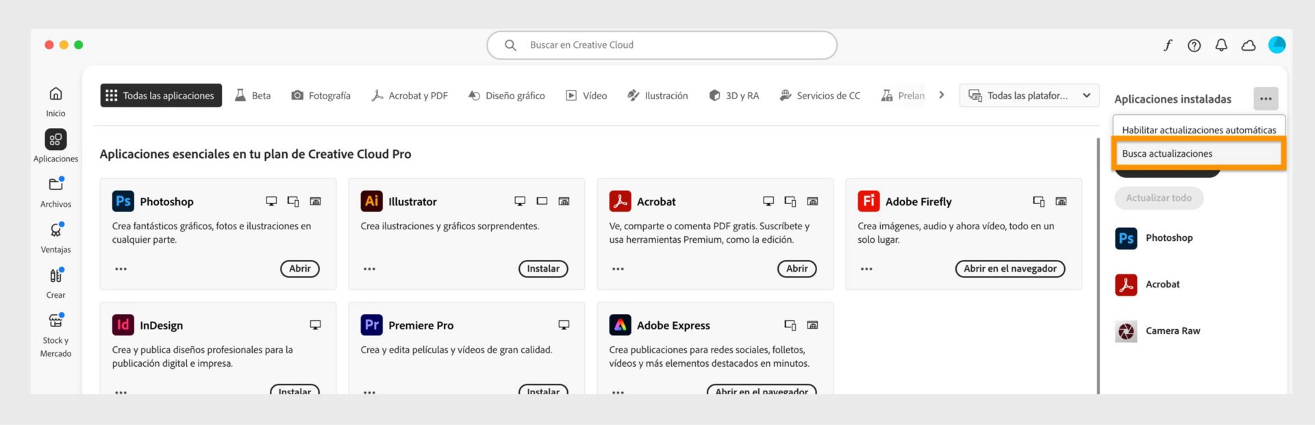 El menú expandido muestra opciones para Administrar actualizaciones automáticas, Buscar actualizaciones y Actualizar todas las aplicaciones. 