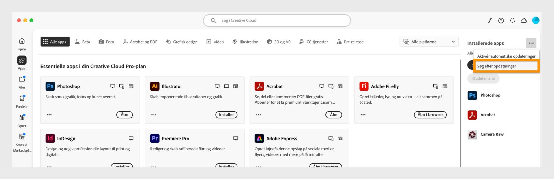 Den udvidede menu viser funktioner til styring af automatiske opdateringer, søgning efter opdateringer og funktionen til opdatering af alle apps. 