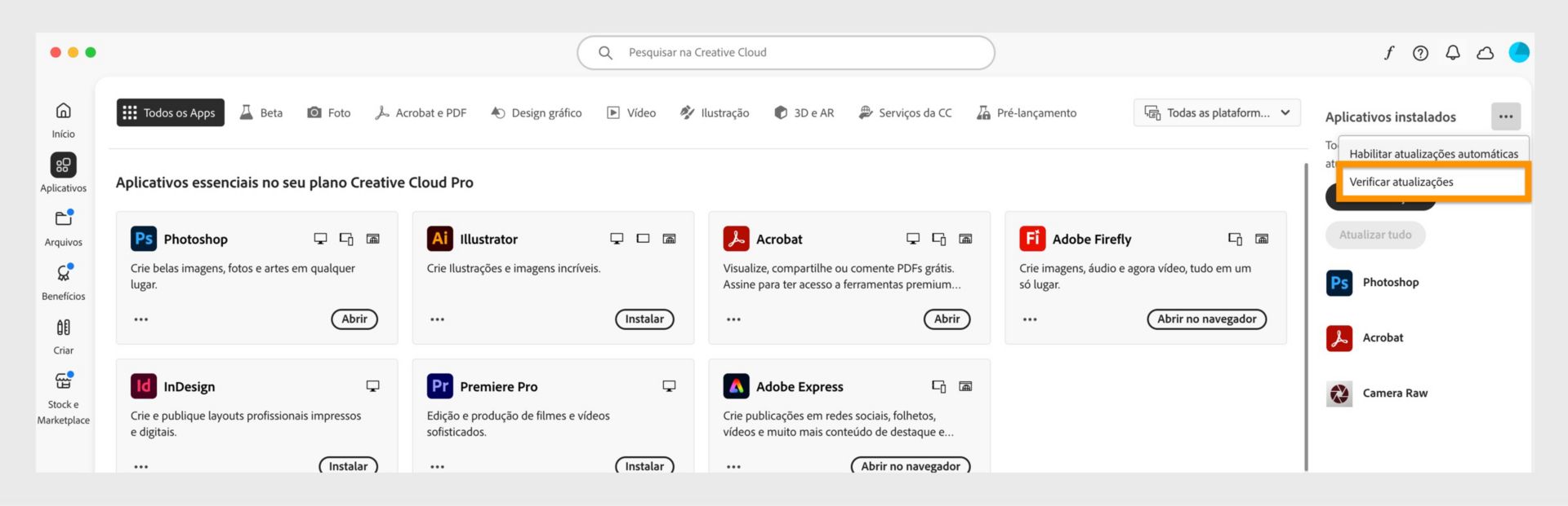 Menu expandido que mostra as opções Gerenciar atualizações automáticas, Verificar atualizações e Atualizar todos os aplicativos. 