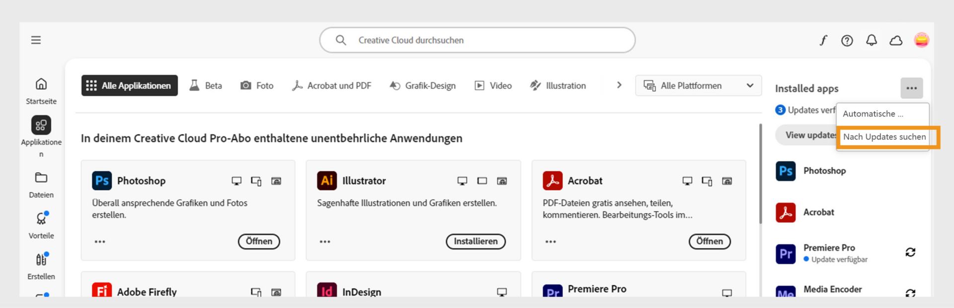 Auf der Registerkarte „Applikationen“ unter „Installierte Applikationen“ sind über das Symbol „Weitere Aktionen“ die Optionen zum Aktivieren oder Verwalten automatischer Updates und zum Suchen nach Updates verfügbar.