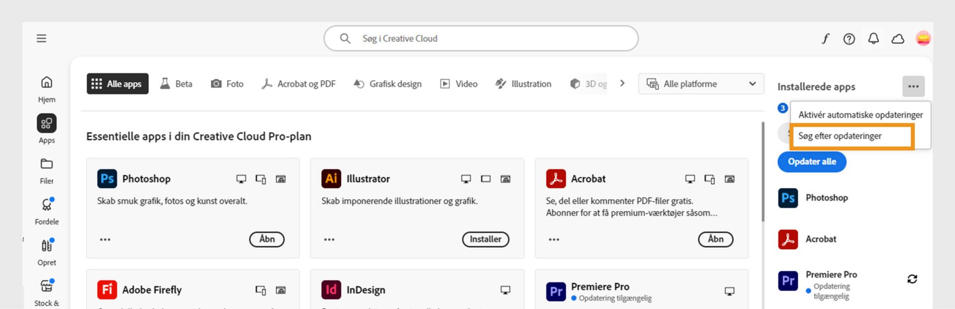 Ikonet Flere handlinger under Installerede apps under fanen Apps viser muligheder for at aktivere eller administrere automatiske opdateringer og søge efter opdateringer.