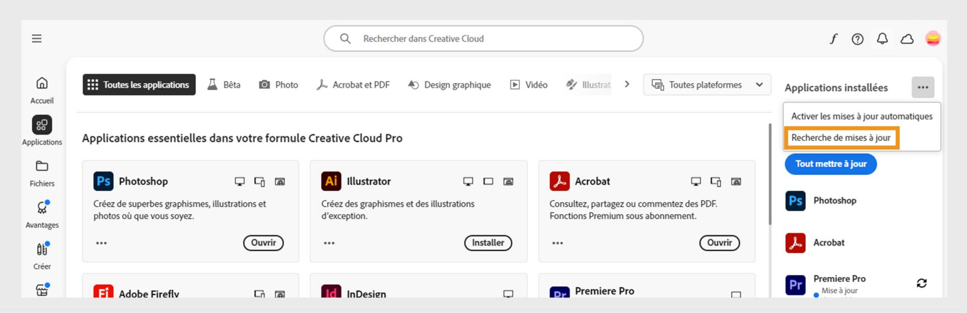 L’icône Autres actions sous Applications installées dans l’onglet Applications, affiche des options permettant d’activer ou de gérer les mises à jour automatiques et de rechercher des mises à jour.