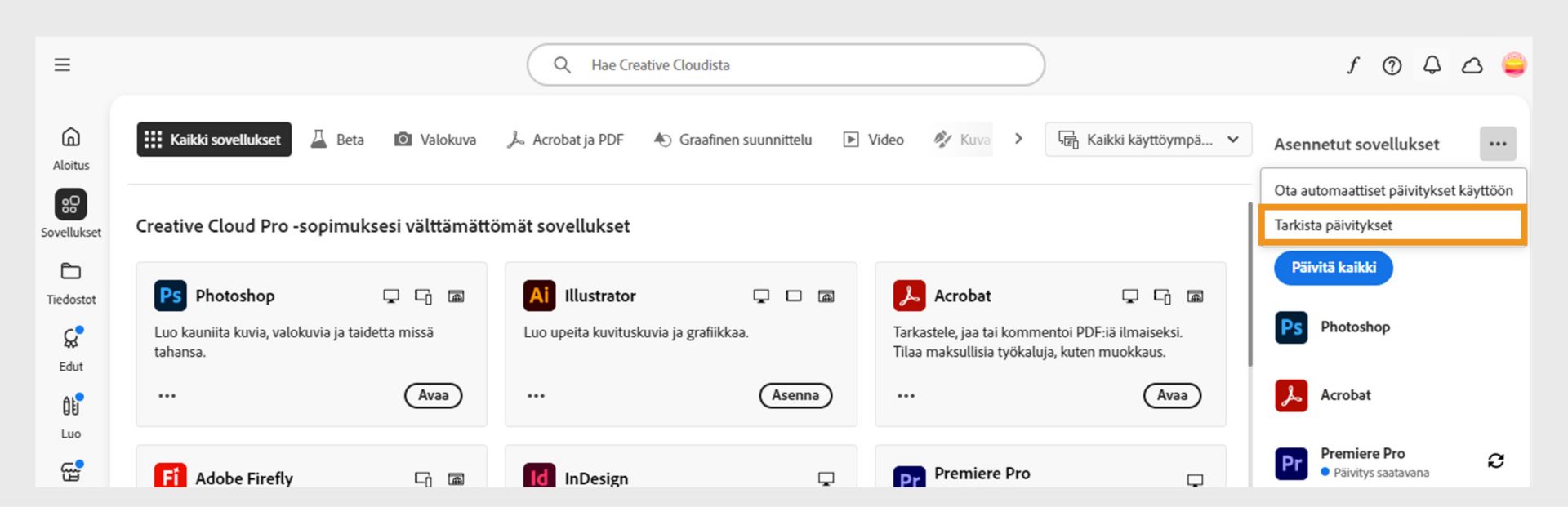 Sovellukset-välilehden Asennetut sovellukset -kohdan Lisää toimintoja -kuvake sekä vaihtoehdot, joilla voit ottaa automaattiset päivitykset käyttöön tai hallita niitä sekä hakea päivityksiä.