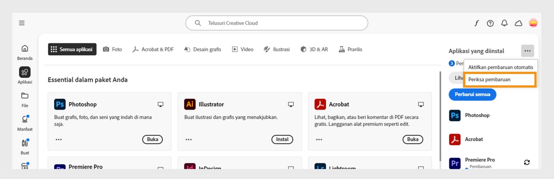 Ikon Tindakan lainnya di bawah Aplikasi yang diinstal di tab Aplikasi menampilkan opsi untuk mengaktifkan atau mengelola pembaruan otomatis, dan memeriksa pembaruan.