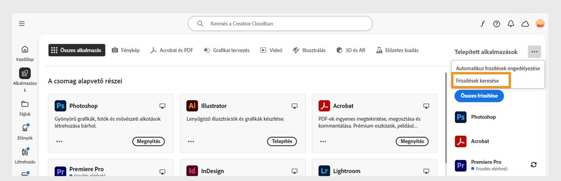 Az Alkalmazások lapon a Telepített alkalmazások alatt található További műveletek ikon az automatikus frissítések engedélyezésére vagy kezelésére, valamint a frissítések keresésére szolgáló lehetőségeket jeleníti meg.