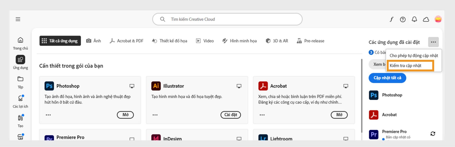 Biểu tượng Hành động khác bên dưới Ứng dụng đã cài đặt trong tab Ứng dụng sẽ hiển thị các tùy chọn để bật hoặc quản lý chế độ tự động cập nhật và kiểm tra bản cập nhật.