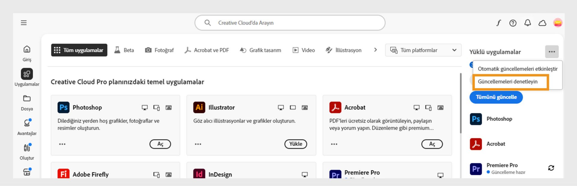 Uygulamalar sekmesinin Yüklü uygulamalar bölümündeki Diğer eylemler simgesi, otomatik güncellemeleri etkinleştirme ya da yönetme ve güncellemeleri denetleme seçeneklerini gösterir.