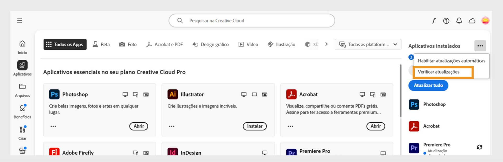 O ícone Mais ações em Aplicativos instalados na guia Aplicativos mostra opções para habilitar ou gerenciar atualizações automáticas e verificar se há atualizações.