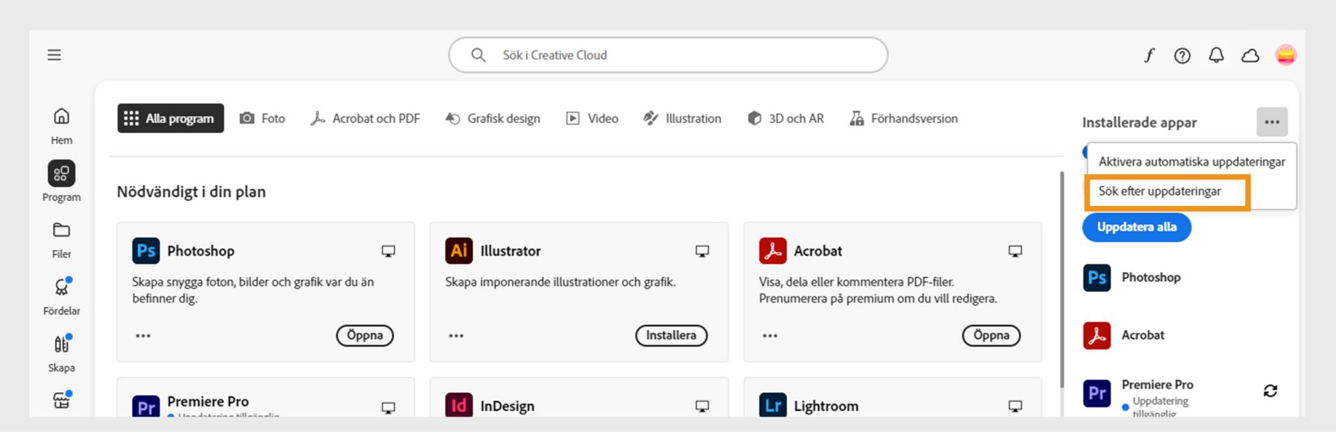 Ikonen Fler åtgärder under Installerade program på fliken Program visar alternativ för att aktivera eller hantera automatiska uppdateringar och söka efter uppdateringar.