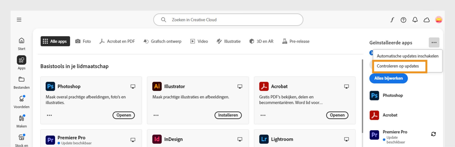 Het pictogram Meer acties onder Geïnstalleerde apps op het tabblad Apps met opties om automatische updates in te schakelen of te beheren en te controleren op updates.