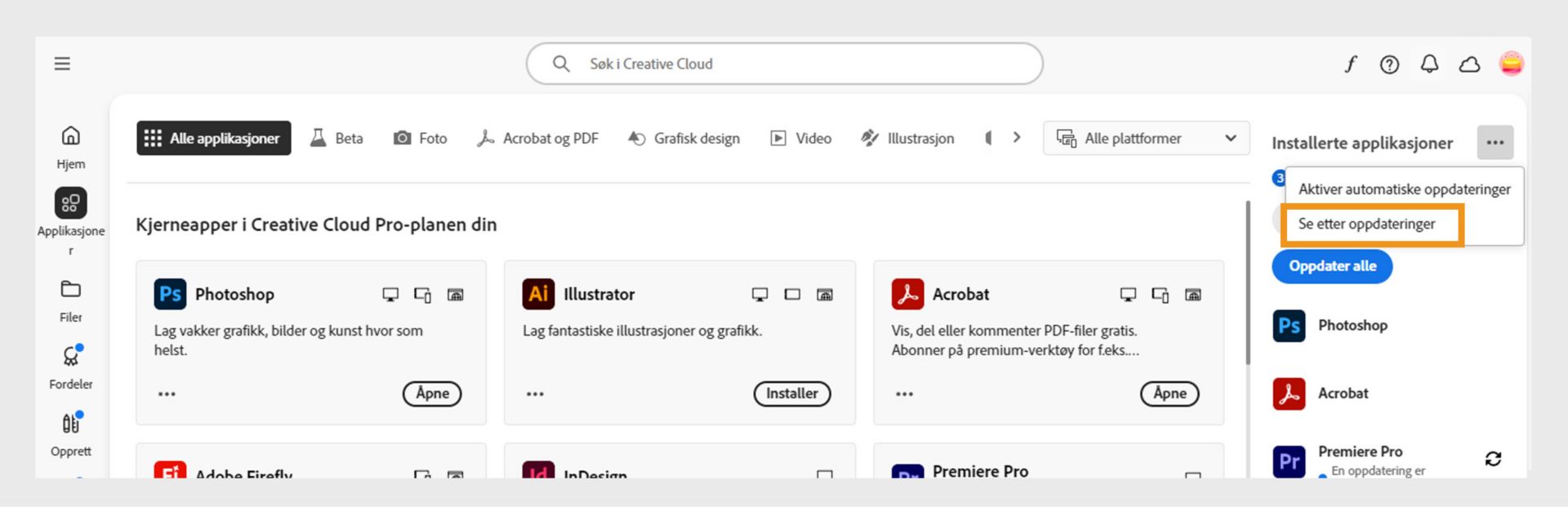 Ikonet &quot;Flere handlinger&quot; under Installerte applikasjoner i Applikasjoner-fanen viser alternativene for å aktivere eller administrere automatiske oppdateringer og se etter oppdateringer.