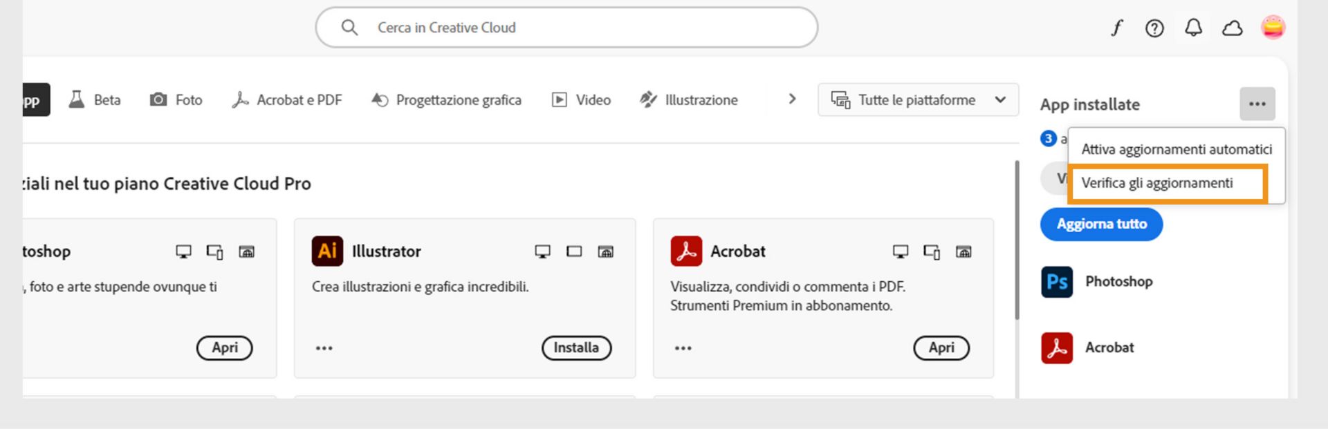 L'icona Altre azioni in App installate nella scheda App, mostra le opzioni per abilitare o gestire gli aggiornamenti automatici e verificare la presenza di aggiornamenti.