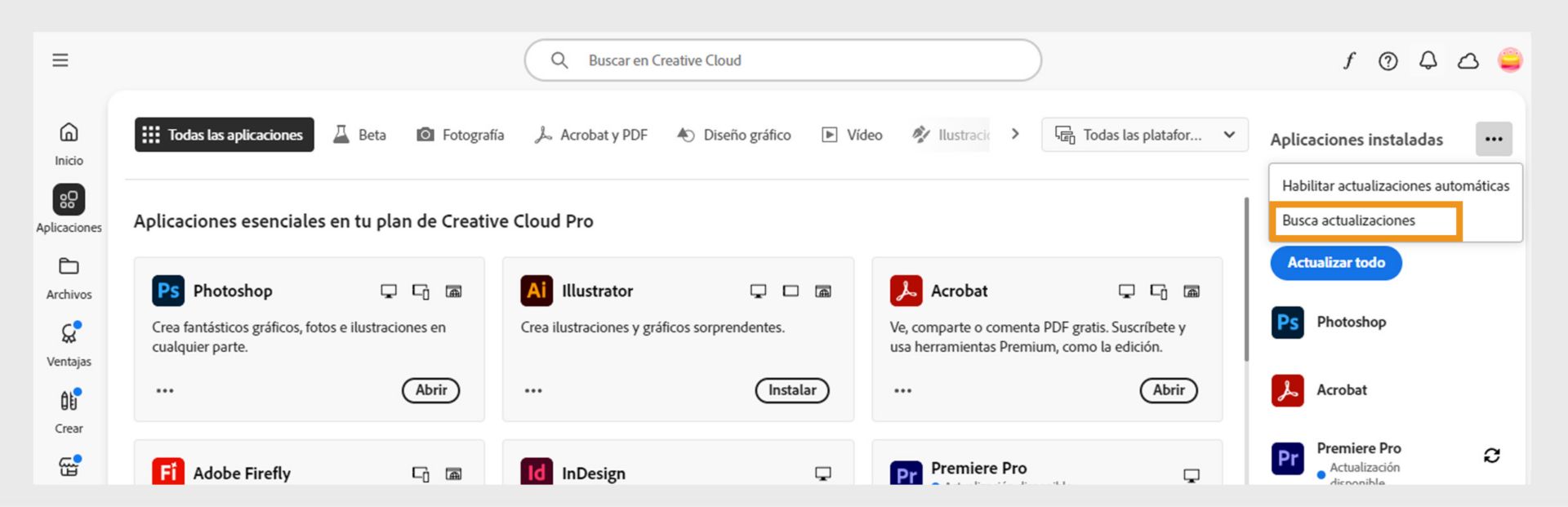El icono Más acciones debajo de Aplicaciones instaladas en la pestaña Aplicaciones muestra opciones para activar o administrar actualizaciones automáticas y buscar actualizaciones.