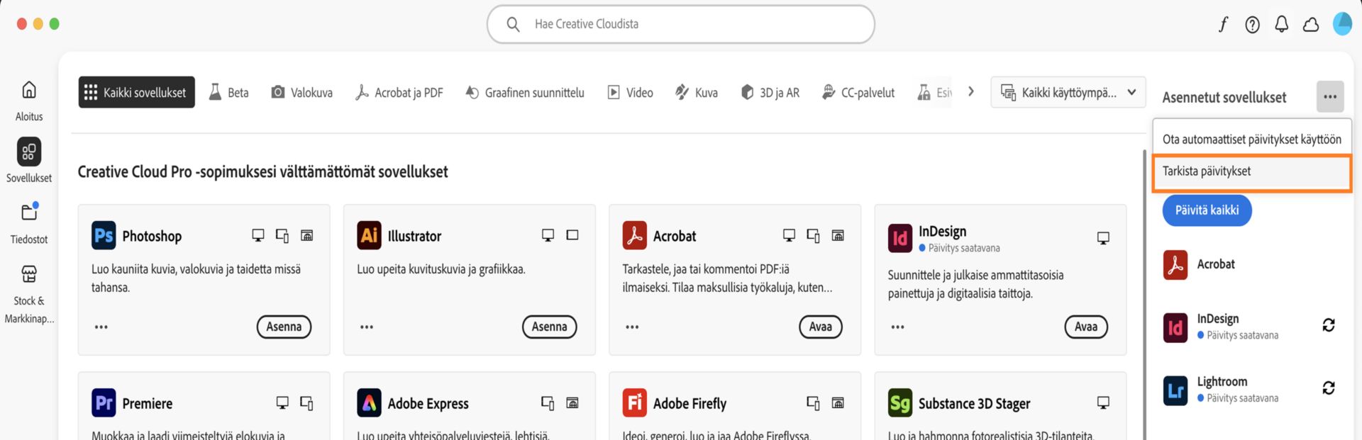 Sovellukset-välilehden Asennetut sovellukset -kohdan Lisää toimintoja -kuvake sekä vaihtoehdot, joilla voit ottaa automaattiset päivitykset käyttöön tai hallita niitä sekä hakea päivityksiä.