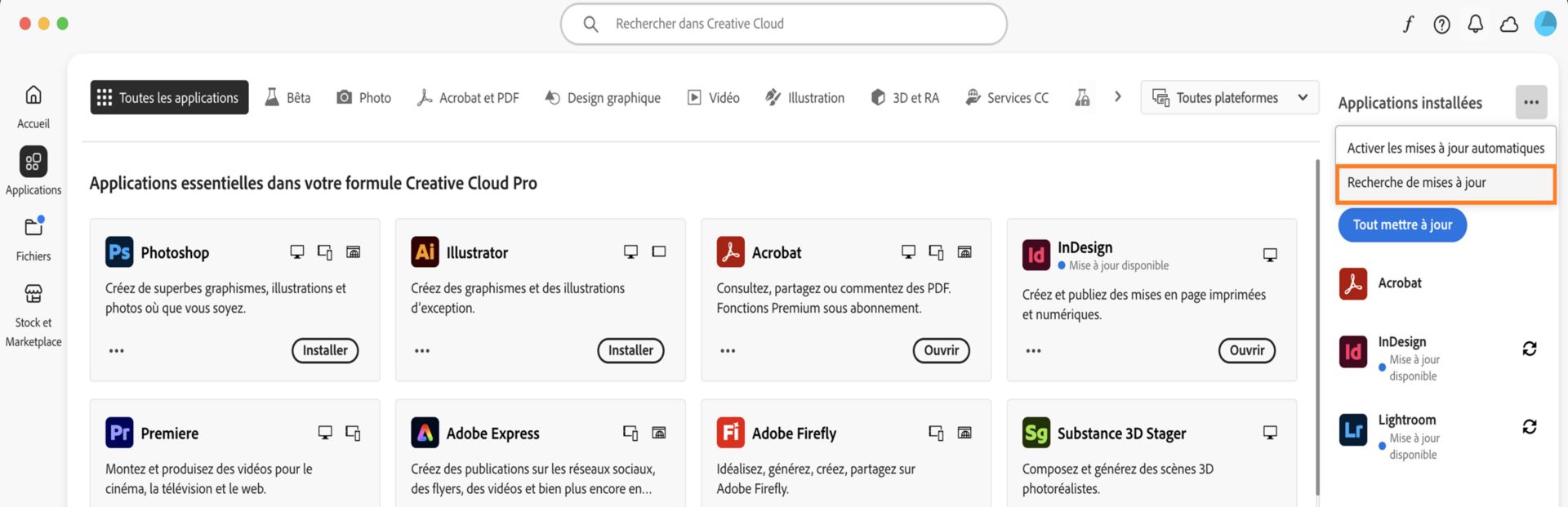 L’icône Autres actions sous Applications installées dans l’onglet Applications, affiche des options permettant d’activer ou de gérer les mises à jour automatiques et de rechercher des mises à jour.
