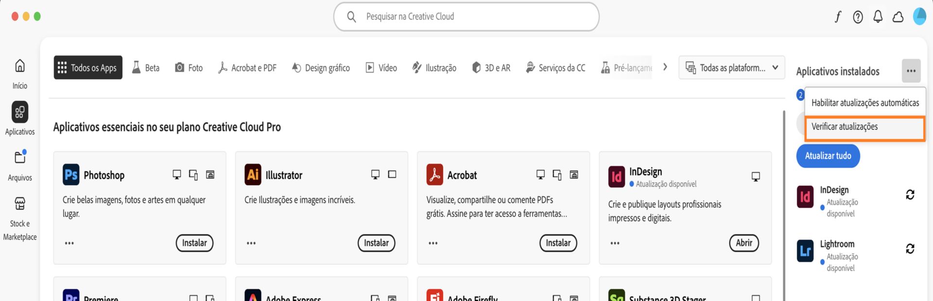 O ícone Mais ações em Aplicativos instalados na guia Aplicativos mostra opções para habilitar ou gerenciar atualizações automáticas e verificar se há atualizações.