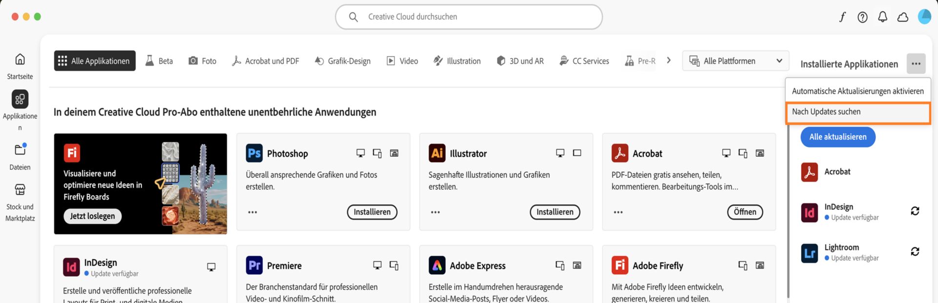 Auf der Registerkarte „Applikationen“ unter „Installierte Applikationen“ sind über das Symbol „Weitere Aktionen“ die Optionen zum Aktivieren oder Verwalten automatischer Updates und zum Suchen nach Updates verfügbar.