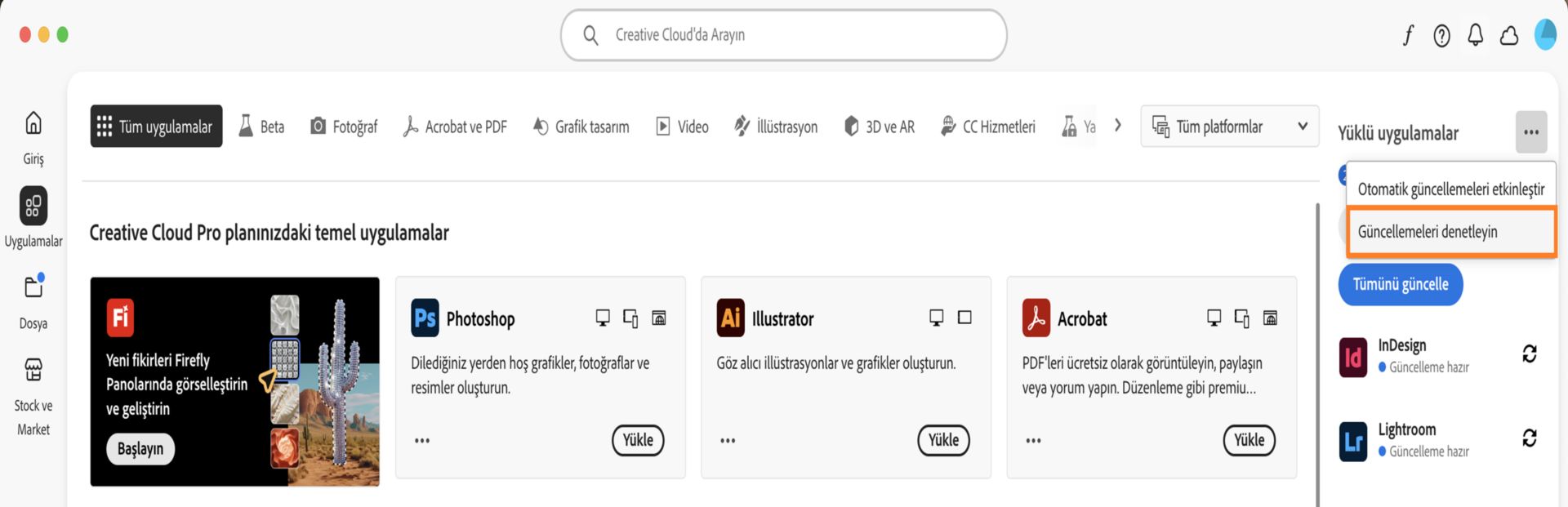 Uygulamalar sekmesinin Yüklü uygulamalar bölümündeki Diğer eylemler simgesi, otomatik güncellemeleri etkinleştirme ya da yönetme ve güncellemeleri denetleme seçeneklerini gösterir.