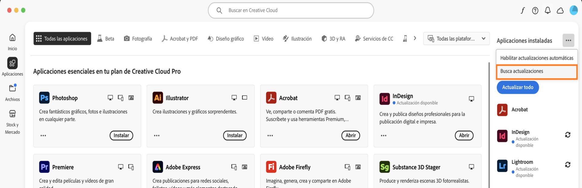 El icono Más acciones debajo de Aplicaciones instaladas en la pestaña Aplicaciones muestra opciones para activar o administrar actualizaciones automáticas y buscar actualizaciones.