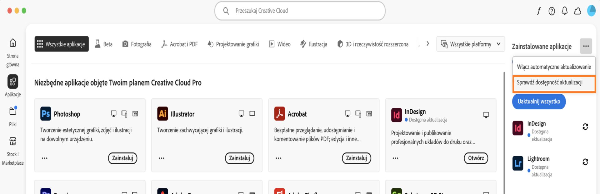 Ikona Więcej działań w obszarze Zainstalowane aplikacje na karcie Aplikacje wyświetla opcje umożliwiające włączanie i zarządzanie automatycznymi aktualizacjami oraz sprawdzanie dostępności aktualizacji.