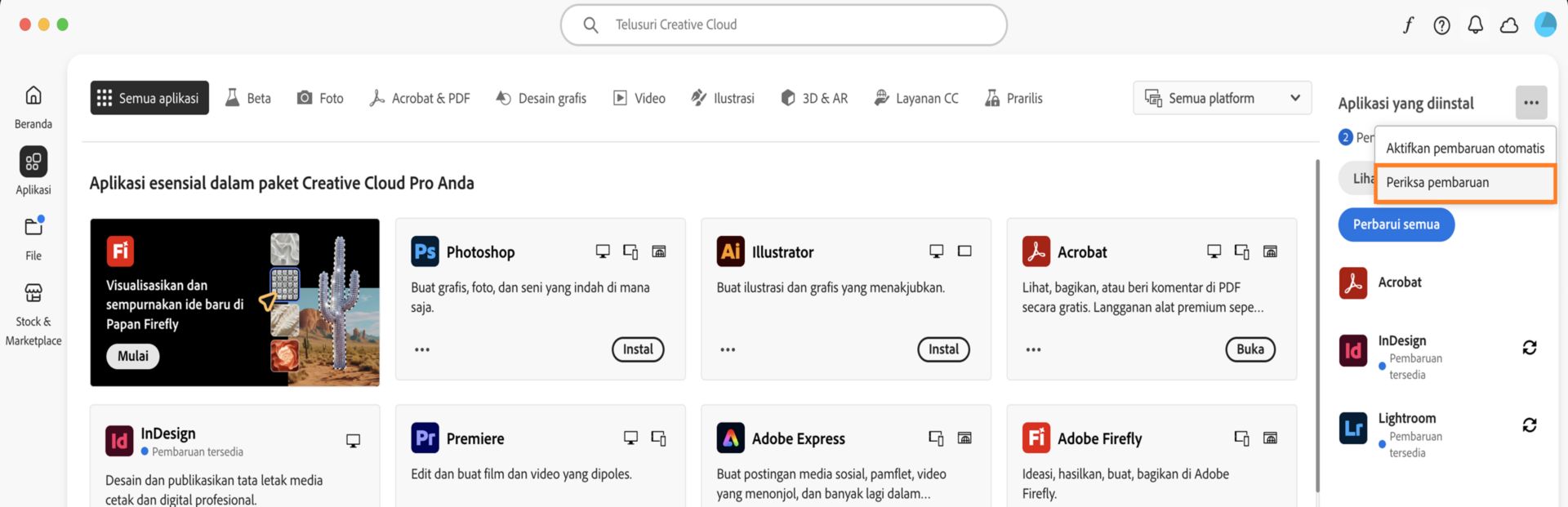 Ikon Tindakan lainnya di bawah Aplikasi yang diinstal di tab Aplikasi menampilkan opsi untuk mengaktifkan atau mengelola pembaruan otomatis, dan memeriksa pembaruan.
