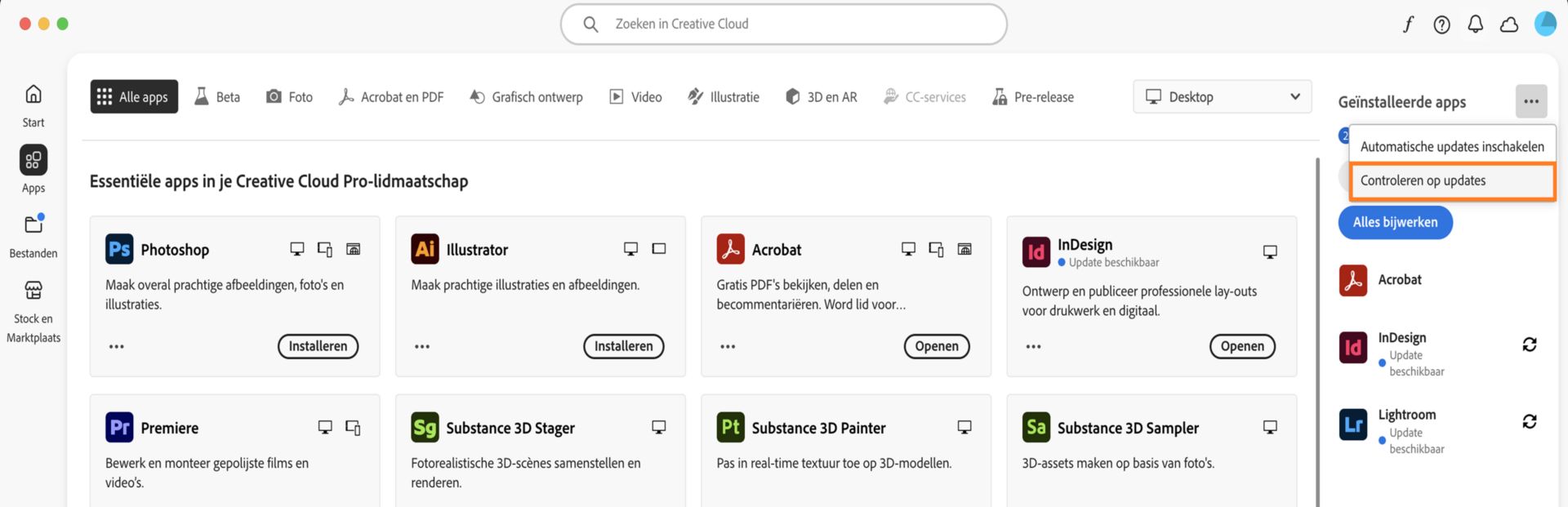 Het pictogram Meer acties onder Geïnstalleerde apps op het tabblad Apps met opties om automatische updates in te schakelen of te beheren en te controleren op updates.
