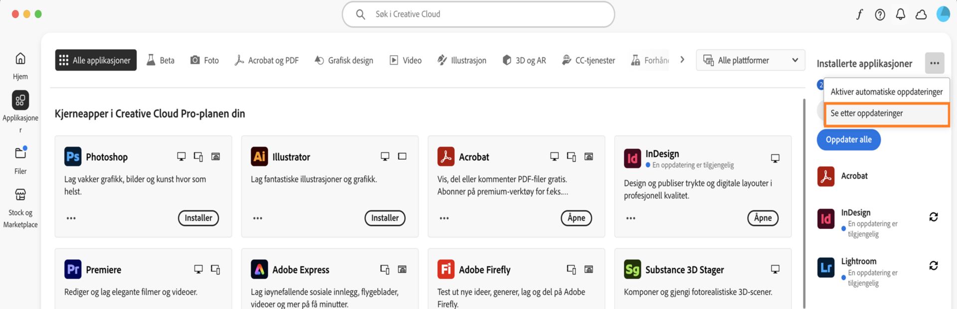 Ikonet "Flere handlinger" under Installerte applikasjoner i Applikasjoner-fanen viser alternativene for å aktivere eller administrere automatiske oppdateringer og se etter oppdateringer.