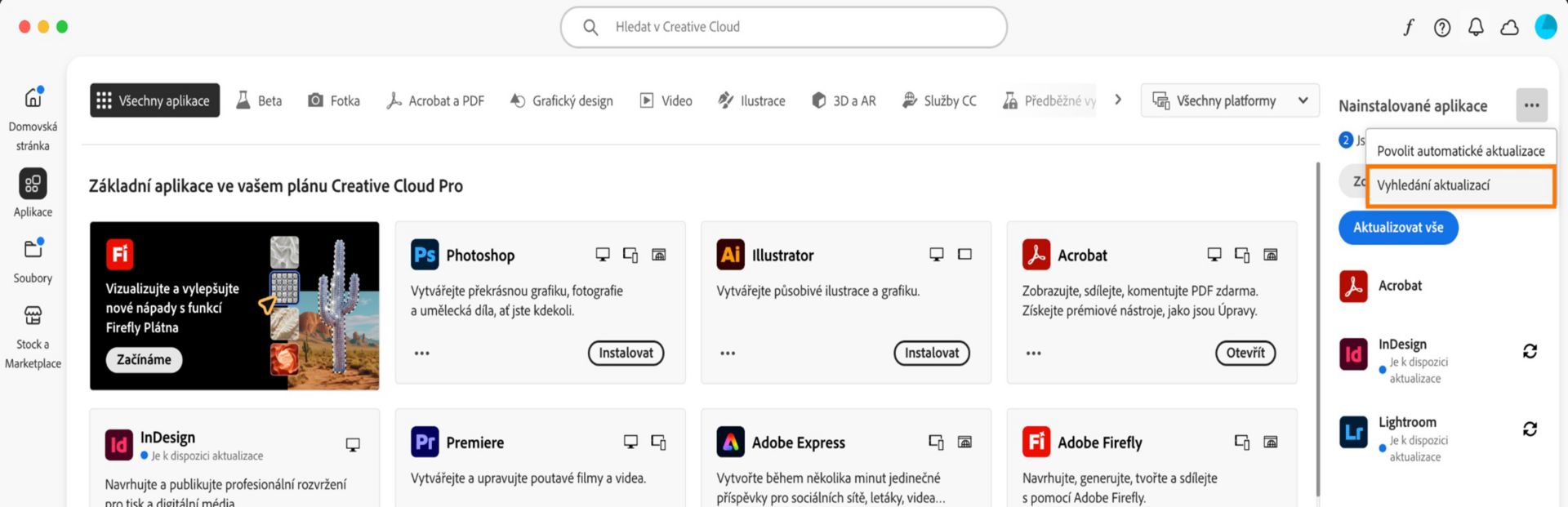 Ikona Další akce v části Nainstalované aplikace na kartě Aplikace zobrazuje možnosti pro povolení nebo správu automatických aktualizací a vyhledávání aktualizací.