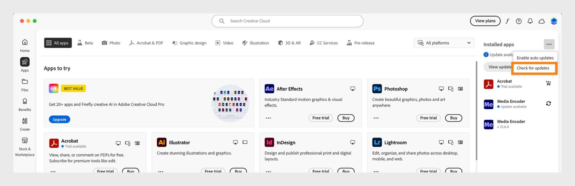 أيقونة مزيد من الإجراءات أسفل التطبيقات المثبتة في علامة التبويب Apps، والتي تعرض خيارات لتمكين التحديثات التلقائية أو إدارتها، والتحقق من وجود تحديثات.
