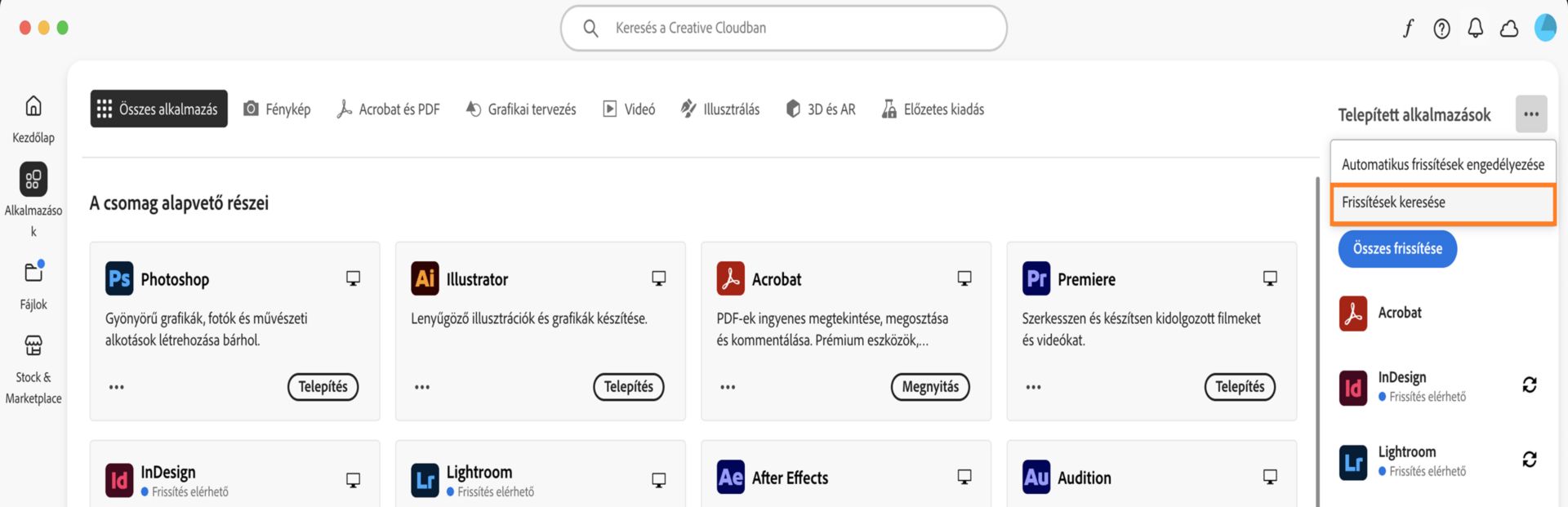 Az Alkalmazások lapon a Telepített alkalmazások alatt található További műveletek ikon az automatikus frissítések engedélyezésére vagy kezelésére, valamint a frissítések keresésére szolgáló lehetőségeket jeleníti meg.