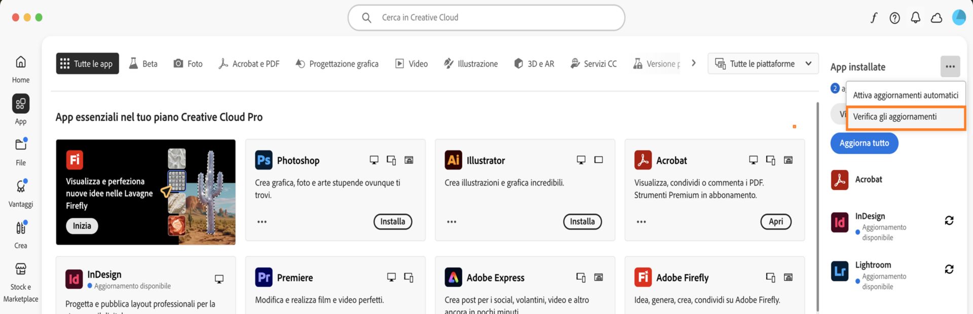 L'icona Altre azioni in App installate nella scheda App, mostra le opzioni per abilitare o gestire gli aggiornamenti automatici e verificare la presenza di aggiornamenti.