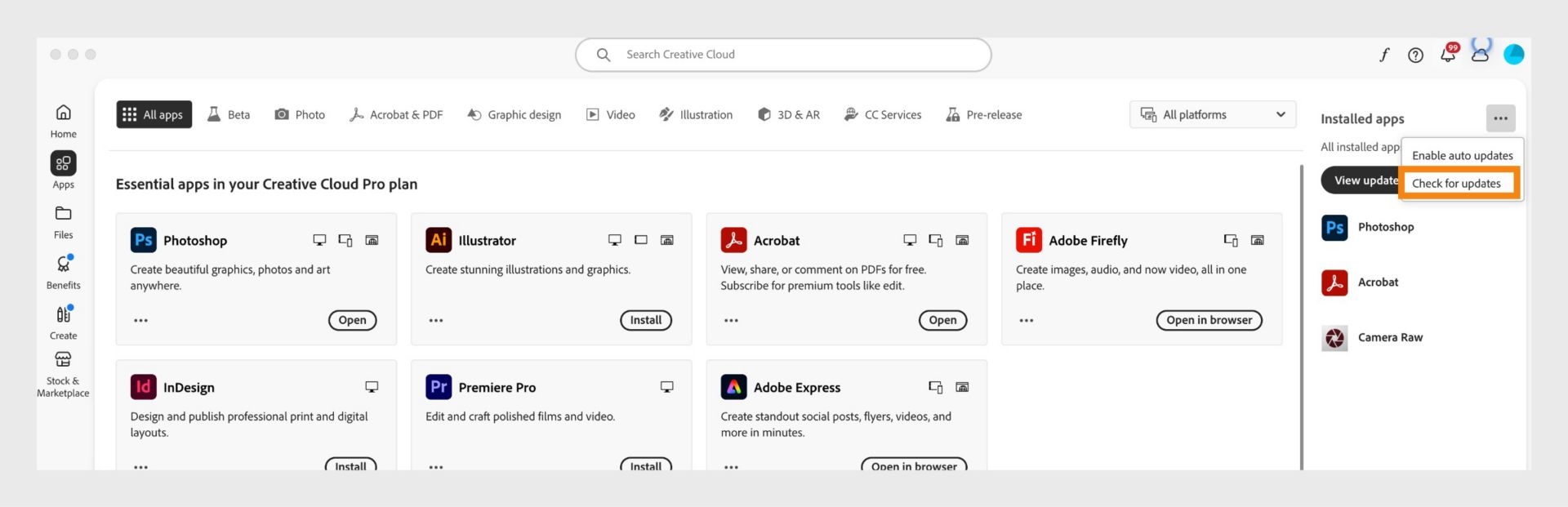 The More actions icon under Installed apps in the Apps tab shows options to enable or manage auto updates and check for updates.