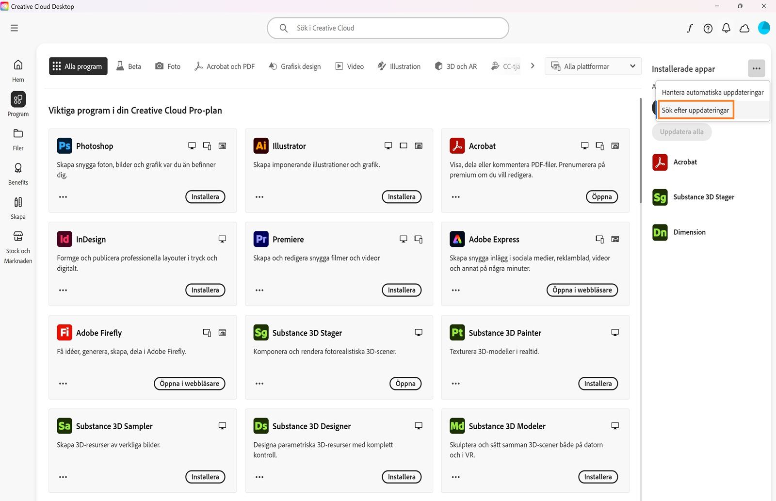 Den utökade menyn visar alternativ för att hantera automatiska uppdateringar, söka efter uppdateringar och uppdatera alla appar. 
