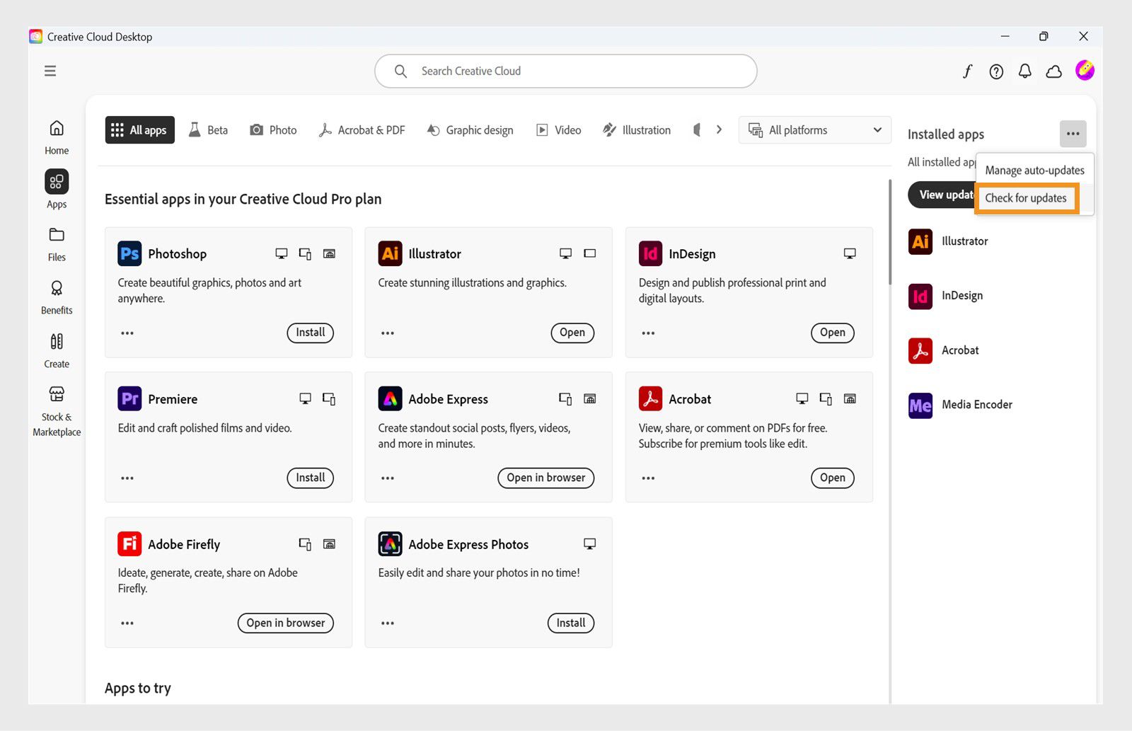 Meniul extins afișează opțiunile Gestionare actualizări automate, Verificați dacă există actualizări și Actualizați toate aplicațiile. 