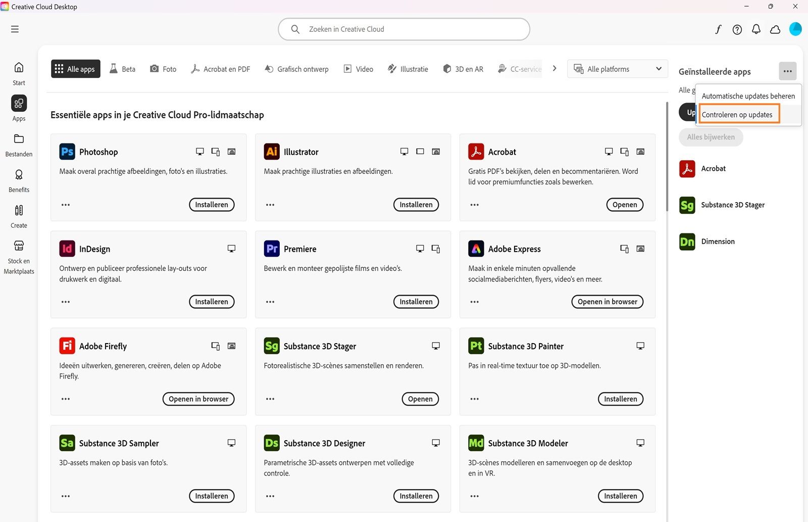 Het uitgeklapte menu met opties voor Beheren van automatische updates, Controleren op updates en Alle apps bijwerken. 