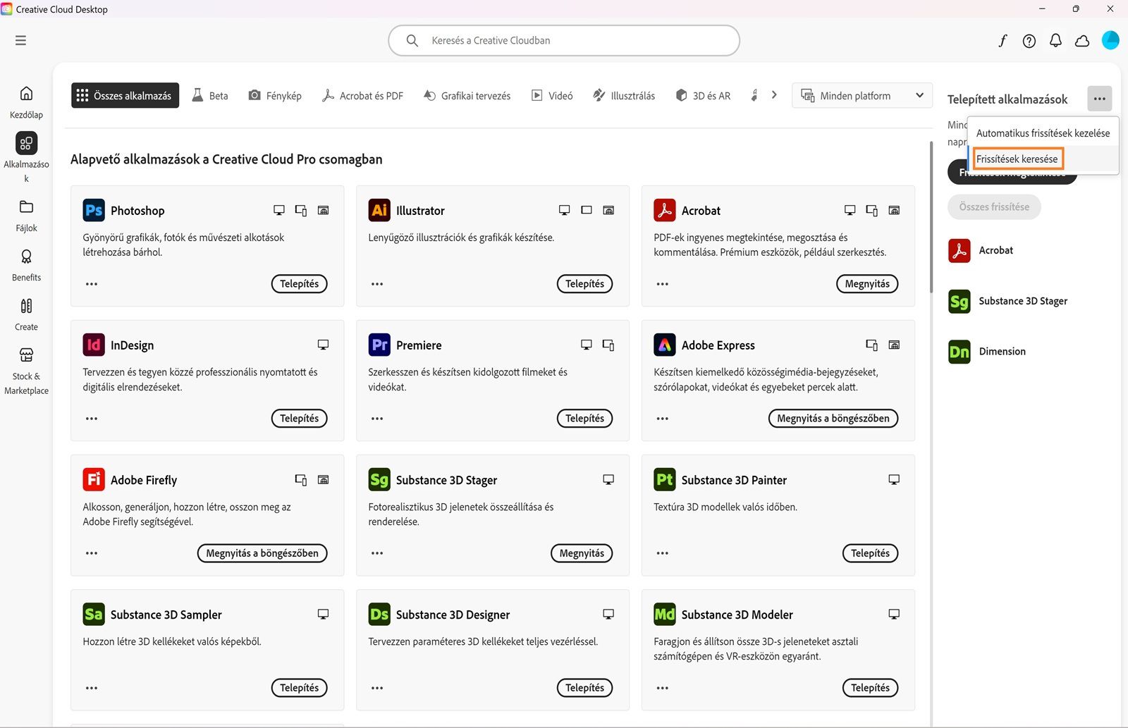 A kibővített menüben az Automatikus frissítések kezelése, a Frissítések keresése és az Összes alkalmazás frissítése lehetőségek láthatók. 