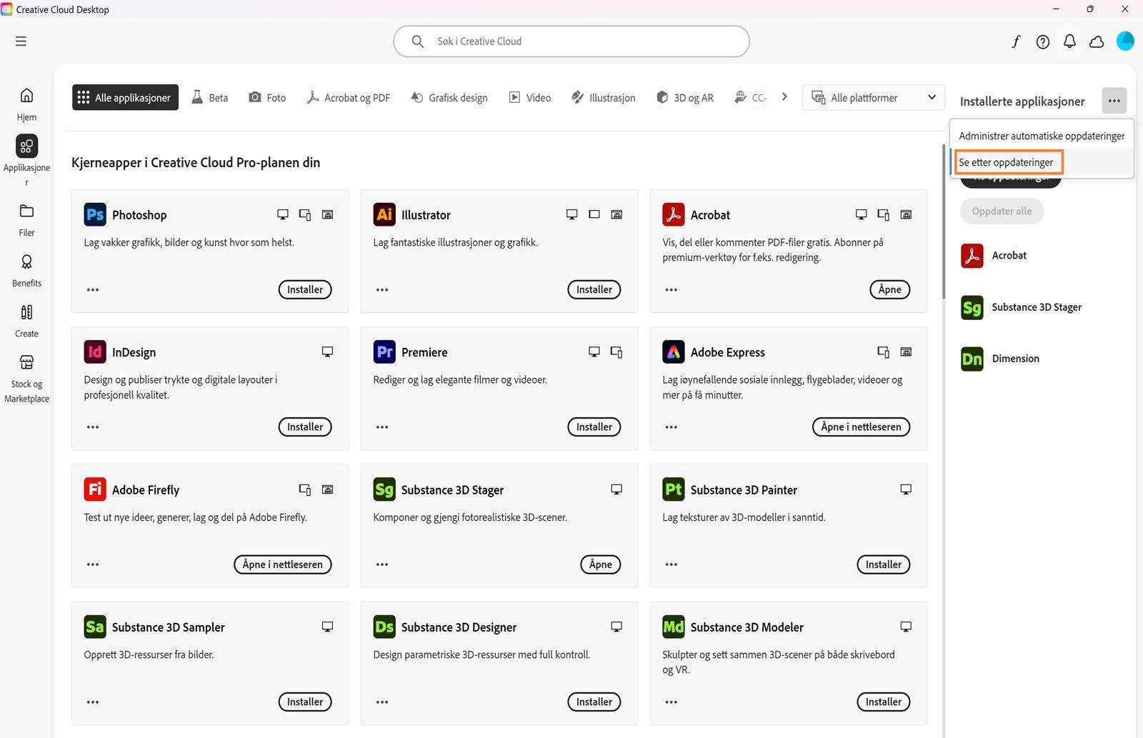 Den utvidede menyen viser alternativer for å administrere automatiske oppdateringer, se etter oppdateringer og oppdatere alle apper. 