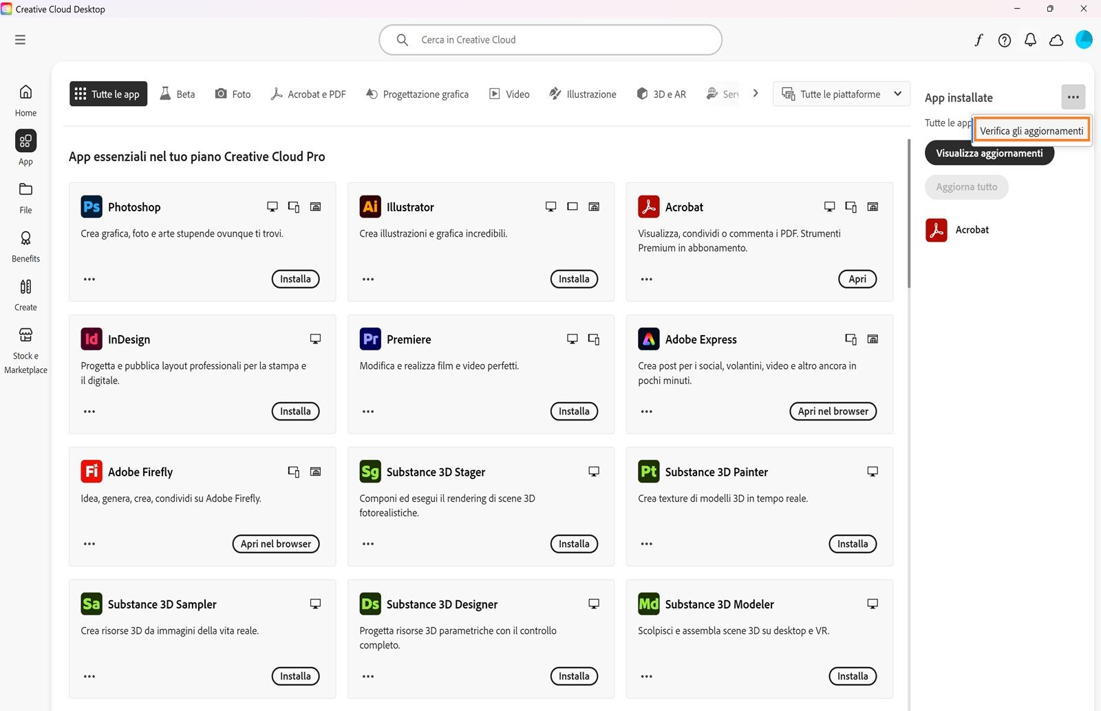 Il menu esteso mostra le opzioni Gestisci aggiornamenti automatici, Ricerca aggiornamenti e Aggiorna tutte le app. 