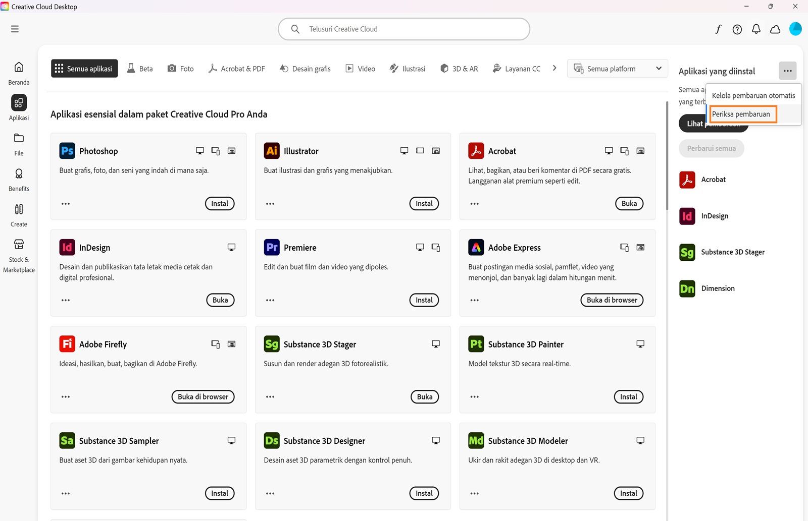 Menu yang diperluas menampilkan opsi untuk Mengelola pembaruan otomatis, Memeriksa pembaruan, dan Memperbarui semua aplikasi. 