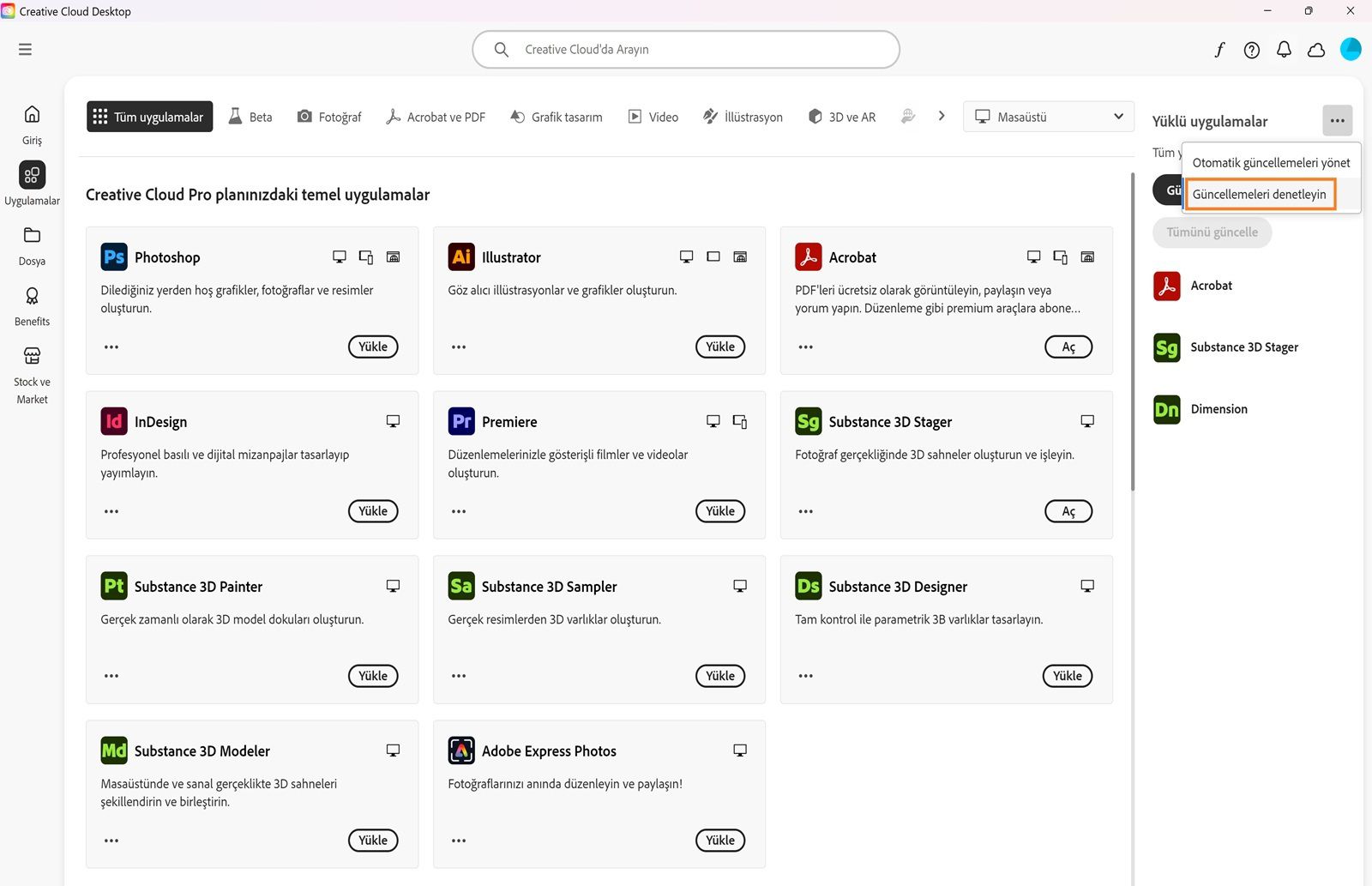 Genişletilmiş menüde Otomatik güncellemeleri yönet, Güncellemeleri denetleyin ve Tüm uygulamaları güncelle seçenekleri gösterilir. 