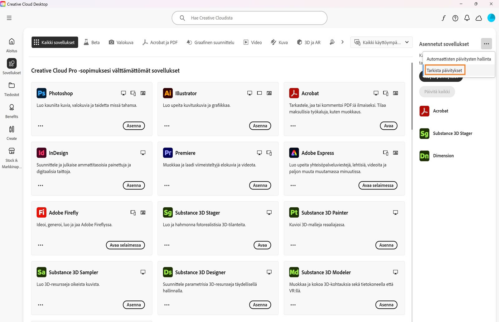 Laajennettu valikko, joka sisältää vaihtoehdot Automaattisten päivitysten hallinta, Tarkista päivitykset ja Päivitä kaikki sovellukset. 