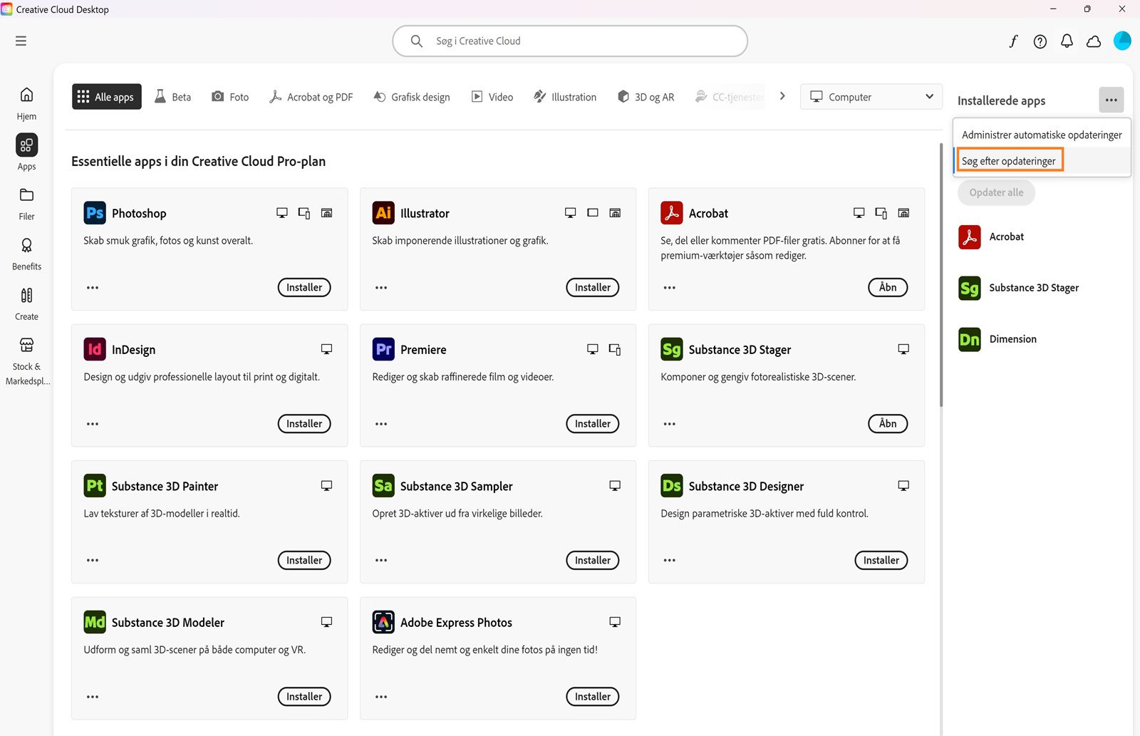 Den udvidede menu viser funktioner til styring af automatiske opdateringer, søgning efter opdateringer og funktionen til opdatering af alle apps. 