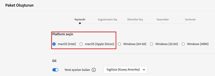macOS platformu seçme