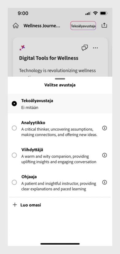 PDF Space Acrobat-mobiilisovelluksessa on vaihtoehdot Tekoälyavustajan valitsemiseen. Voit esimerkiksi valita Analystin tai Entertainerin personoituja oivalluksia varten.