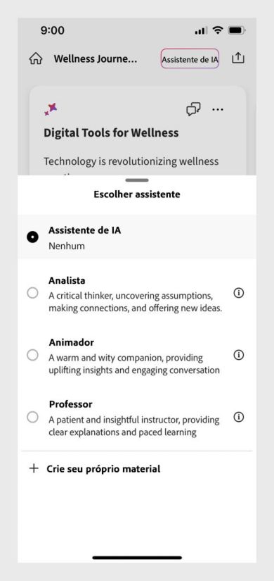 O PDF Space no Acrobat para dispositivos móveis mostra opções para escolher o Assistente de IA, como Analista ou Apresentador, para insights personalizados.